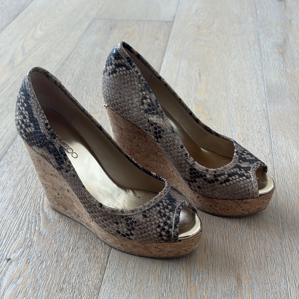 Jimmy Choo Brown Wedge Snakeskin Peep Toe